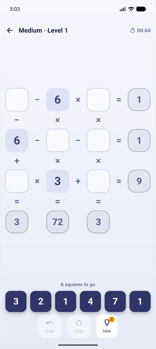 A Math Crossword puzzle grid on a phone, with number tiles waiting below the board.