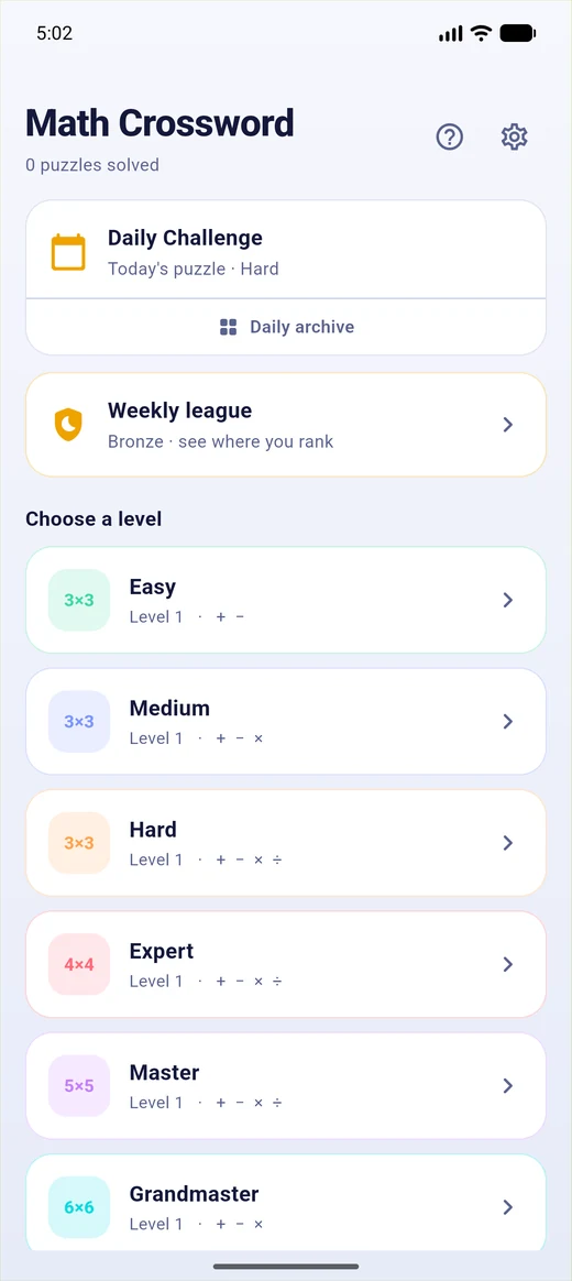 The home screen, showing the Daily Challenge, weekly league and six difficulty tiers.